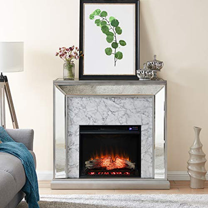 Trandling Mirrored Touch Screen Electric Fireplace with Faux Marble - Transitional Design, Grey Glass and Wood - Ideal for Living Room, Bedroom (FR1027359)