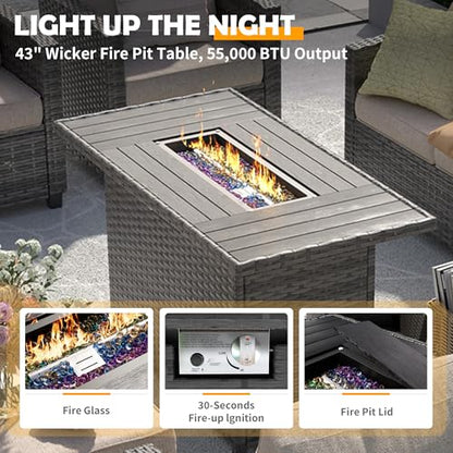 Patio Furniture Set with 44" Fire Pit Table, 6 Pieces Outdoor Sectional Conversation Sets, All-Weather Wicker Rattan Sofa Ottoman with 4" Thick Cushion for Garden Backyard Deck, Khaki