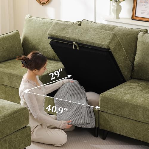 94'' Modular Sectional Sofa with All Seats Storage,Oversized 3-Seater Comfy Couches with Throw Pillows,Big Loveseat for Living Room,Bedroom,Chenille,Green