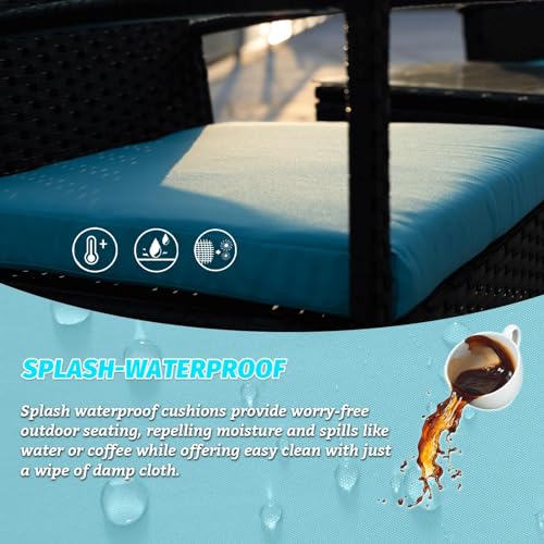 3 Pieces Outdoor Patio Furniture Set, Small Wicker Bistro Conversation Set for Porch and Balcony, All Weather PE Rattan Chairs with Table, Backyard Garden Furniture (Blue)