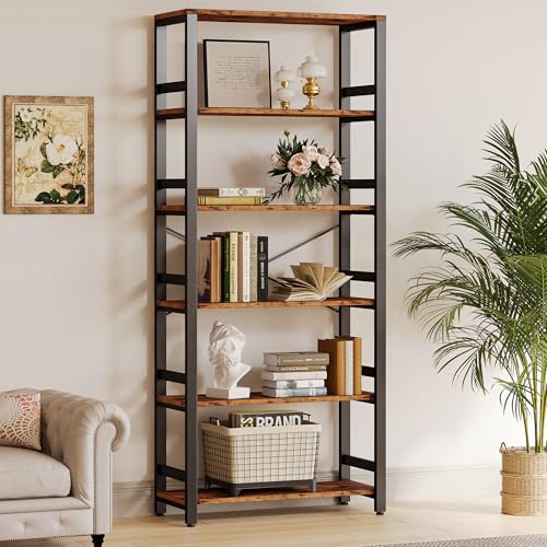 Bookshelf, 31.5in Wide Shelf 6 Tier Bookcase, 110lbs/shelf Vintage Industrial Style Bookshelves for Bedroom, Living Room and Home Office, Vintage Brown