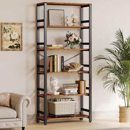Bookshelf, 31.5in Wide Shelf 6 Tier Bookcase, 110lbs/shelf Vintage Industrial Style Bookshelves for Bedroom, Living Room and Home Office, Vintage Brown