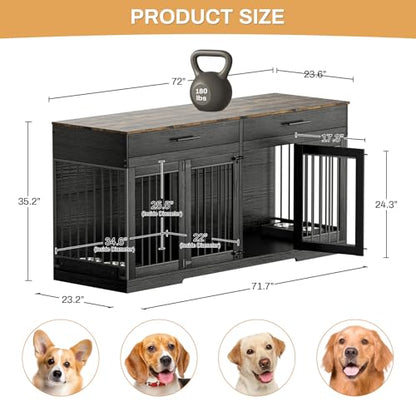 72" Double Dog Crate Furniture for Medium Large Dogs, Black, view 6
