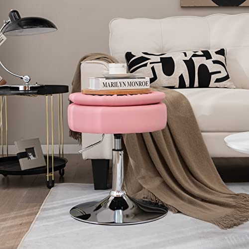 Adjustable Swivel Vanity Stool Set of 2, 360° Swivel 20"-26" Height Adjustable Tufted Round PU Leather Ottoman with Storage, Modern Accent Makeup Chair for Living Room Bedroom, Pink
