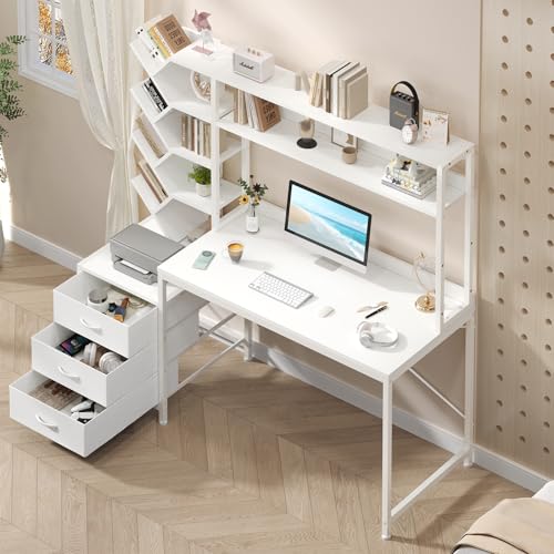 Reversible Computer Desk with Hutch, Home Office Desk with Drawers and Bookshelf, 52'' Study Writing Desk with Storage Shelves for Bedroom Home Office, White
