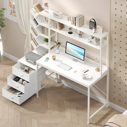 Reversible Computer Desk with Hutch, Home Office Desk with Drawers and Bookshelf, 52'' Study Writing Desk with Storage Shelves for Bedroom Home Office, White
