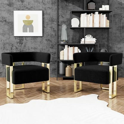 Black and Gold Accent Chairs Set of 2, Boucle Barrel Chairs for Living Room | Boucle Upholstery, Curved Bucket Design, Bedroom Chair, Gold-Tone Base, Armchairs for Office, Small Space Seating