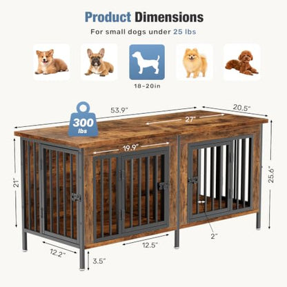 54" Dog Crate Furniture for 2 Dogs with Divider, Brown, view 7