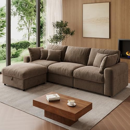 110” Cloud Sectional Couches for Living Room, Modular Sectional Sofa with Deep Seat, Convertible L-Shape Couch with Storage Ottoman for Bedroom Apartment, Chenille (Brown)