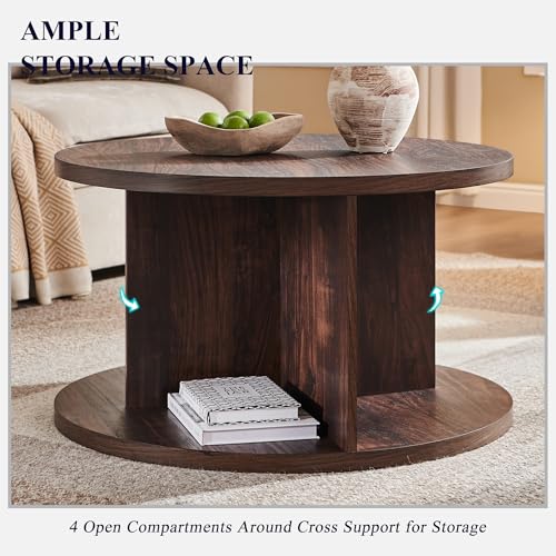 Round Coffee Table for Living Room, 32" Modern Center Table with Cross Support Structure & Open Storage Cubby, Wood Circle Cocktail Table for Small Space, Apartment, Dark Walnut