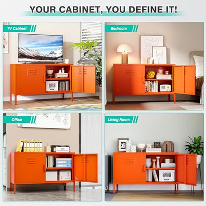 Orange Metal Storage Cabinet with Doors and Shelves, view 5