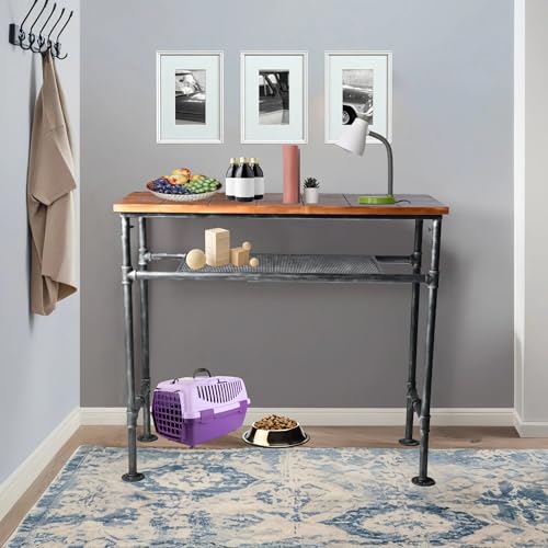 Industrial Rustic 41.3" Height Solid Pine Wood Top Rectangular Pub Bar Table Bar Height Kitchen Dining Room Table with Extra Shelf for Stroage Silver