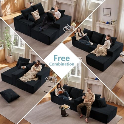 96" Boneless Couch for Living Room, Corduroy Cloud Sectional Sofa with L-Shape Chaise, Modular Memory Foam Couch with Deep Seat, No Assembly Required (Black,Right-Facing Chaise)