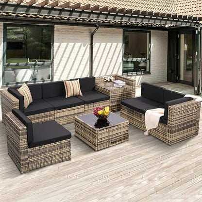 8 Piece Patio Furniture Set, Outdoor Modular Conversation Set, Black | UV Treated Wickers, Machine Washable Cushions, Seats 6, 2 Hidden Storage Compartments, Rustproof Frame, Waterproof