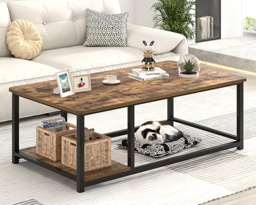 Modern Coffee Table, Rustic Wood and Metal Living Room Table with Storage Shelf, Industrial Brown, 47 Inch