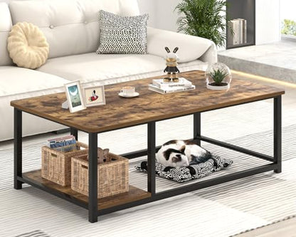 Modern Coffee Table, Rustic Wood and Metal Living Room Table with Storage Shelf, Industrial Brown, 47 Inch