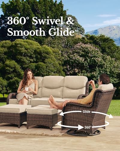 Luxury High Back Patio Furniture Set with 6-Inch Thick Cushion, 5-Piece Outdoor Conversation Set with Sofa, Swivel Rocker Chairs & Ottomans, Ideal for Porch Pool Deck Yard (Beige)