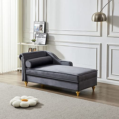 Modern Upholstery Chaise Lounge Chair with Storage Velvet (Grey), view 2