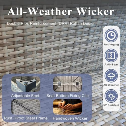 7-Piece Outdoor Rattan Sectional Sofa Set, Wicker Patio Furniture with Coffee Table, Grey Cushions, Patio Conversation Set for Your Villa, Balcony, Porch, Backyard