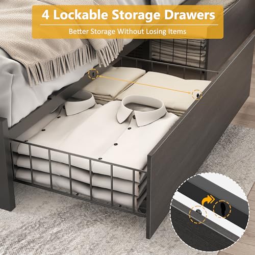 Metal Platform Bed with Storage and Charging Station, Rustic Grey, view 7