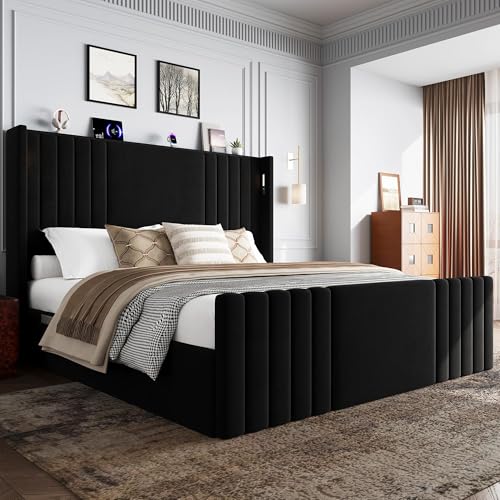 Black Queen Size Platform Bed with Reading Lights, view 2