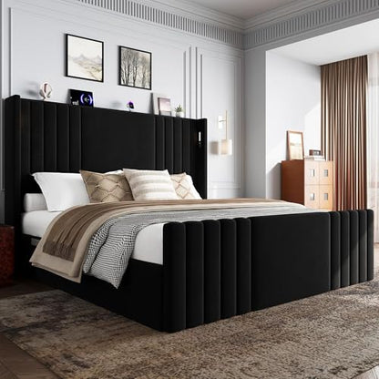 Black Queen Size Platform Bed with Reading Lights, view 2