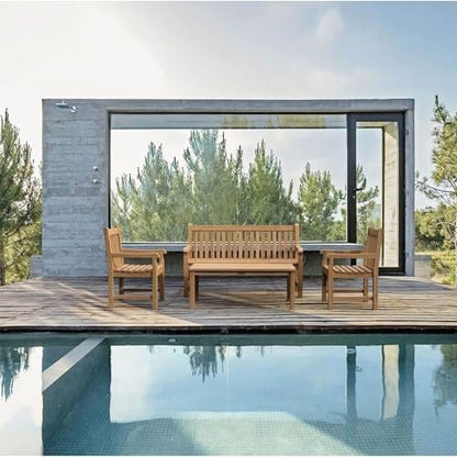 Classic 3-Seater 4-Piece Conversation Set Solid Teak Wood Outdoor Furniture with Cushions Patio Garden Lounge Set Include Sofa Armchairs Coffee Table Handcrafted Weather-Resistant Luxury Set