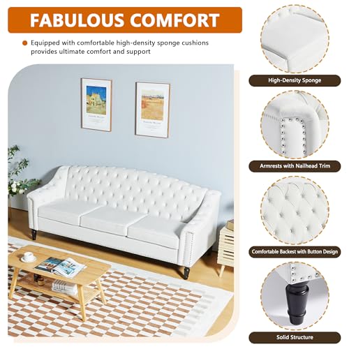 Mid-Century Modern Velvet Sofa, 80" Large Upholstered Sofa with High Back, Chesterfield Couch Sleeper Settee with Solid Wood Legs, Tufted 3 Seater Wide Couches for Living Room Office (White)