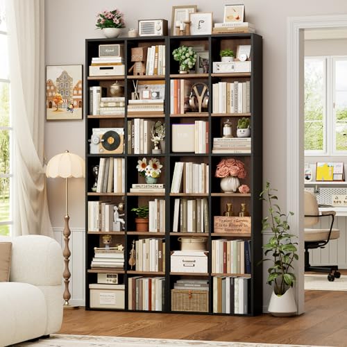 71'' Tall Bookshelf with 14 Cubes, 7 Tier Double Wide Wood Bookshelf with 6 Adjustable Shelves, 19.6" Narrow Bookcase DVD/CD Media Storage, Space Saving Display Shelf Cabinet, Black/Brown