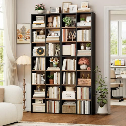 71'' Tall Bookshelf with 14 Cubes, 7 Tier Double Wide Wood Bookshelf with 6 Adjustable Shelves, 19.6" Narrow Bookcase DVD/CD Media Storage, Space Saving Display Shelf Cabinet, Black/Brown