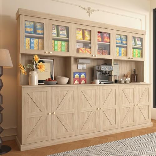 71" Tall Modular Farmhouse Bookcase Set of 3, Brown Storage Cabinets with Glass Doors, Expandable Combination Bookshelves for Home Office and Study Room