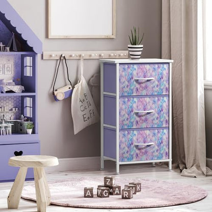 Nightstand Storage Organizer Chest with 3 Drawers - Kids Girls, Boys Bedroom Furniture Chest for Clothes, Closet Organization - Steel Frame, Wood Top, Fabric Bin (3-Drawer, Blue/Pink/Purple)