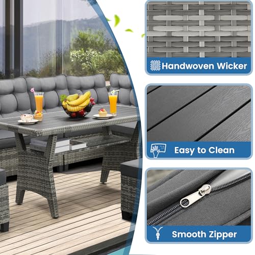 6 Piece Patio Furniture Set, Dining and Conversation Set, Grey | UV Treated Wicker, Machine Washable Cushions, Seats 7, 2 Ottomans, 3 Sofa Section, Dining Table, Rustproof Frame