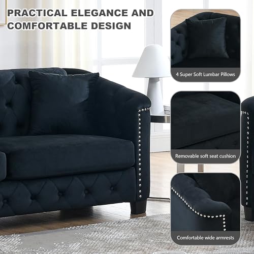 77" Modern Chesterfield Sofa Couch for Living Room, 2 Piece 3-Seater Velvet Couch with Upholstered Tufted Backrests, Nailhead Arms & 4 Cushions for Bedroom, Coffee Bar & Office, Black