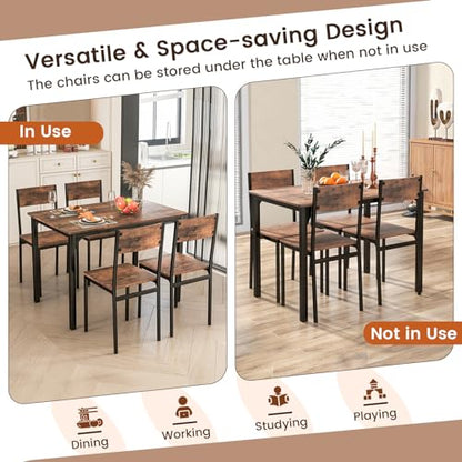 Dining Table Set for 4, Retro Kitchen Table and Chairs Set for 4, Metal Frame, Space-Saving Table and Chairs Set of 4 for Small Place, Living Room, Breakfast Nook