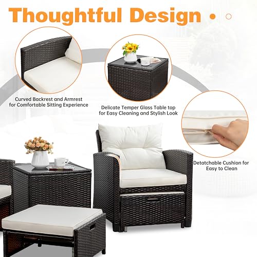 5 Pieces Patio Furniture Set, Outdoor Wicker Patio Conversation Set with Ottoman, All Weather Rattan Outside Chairs with Coffee Table & Cushion for Porch, Garden, Backyard, Beige