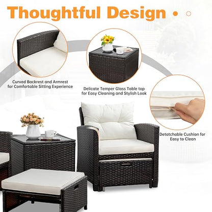5 Pieces Patio Furniture Set, Outdoor Wicker Patio Conversation Set with Ottoman, All Weather Rattan Outside Chairs with Coffee Table & Cushion for Porch, Garden, Backyard, Beige