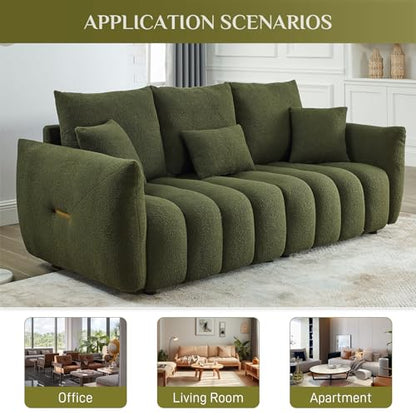Boucle Cloud Sofa Couch, Comfy Upholstered Deep Seat Boucle Sofa, Cozy Modern 3 Seater Couch with 3 Pillows, Oversized Loveseat for Living Room Apartment Office, Olive Green