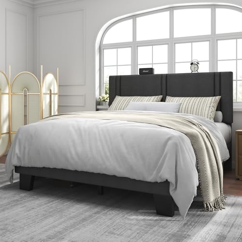 Queen Platform Bed Frame, Fabric Upholstered Queen Bed Frame, view 4