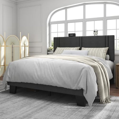 Queen Platform Bed Frame, Fabric Upholstered Queen Bed Frame, view 4