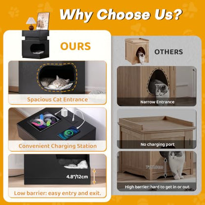 18" Pet Nightstand Charging LED Cat Cave Storage Drawer Side Table Black, view 7