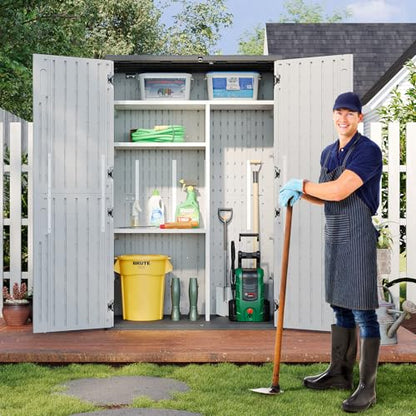 Outdoor Resin Storage Shed with Metal Shelving Kit & Floor, 64 Cu.Ft Vertical Waterproof Storage Cabinet for Garage, Pool, Bike, Garden Tools, Patio Furniture (White)