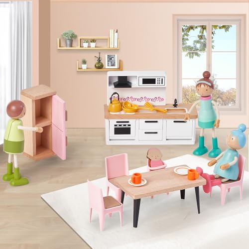 36pcs Wooden Dollhouse Furniture Set with Dolls for 5 Rooms, Wood & Plastic Pink Dollhouse Accessories Pretend Play Furniture Toy Christmas Birthday Gift Toy for Kids Boys Girls Toddler 3+