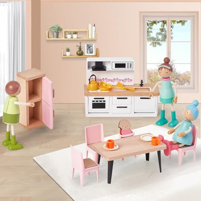 36pcs Wooden Dollhouse Furniture Set with Dolls for 5 Rooms, Wood & Plastic Pink Dollhouse Accessories Pretend Play Furniture Toy Christmas Birthday Gift Toy for Kids Boys Girls Toddler 3+