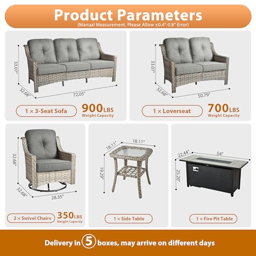 6 PCS Outdoor Patio Furniture Sets,Patio Conversation Sets Outside Rattan Soft Cushion Sofa with 2 Wicker Rocking Chairs & 54 in Fire Pit Table Fit Backyard Porch Garden Poolside Balcony,Dark Grey