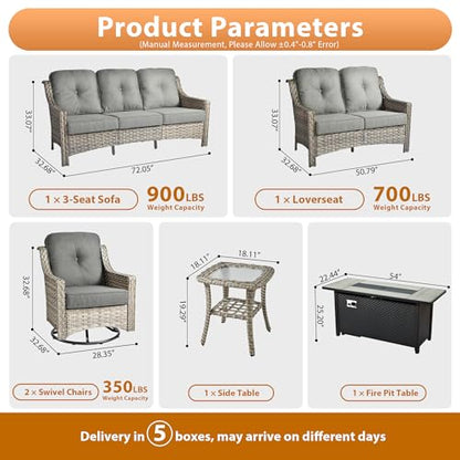 6 PCS Outdoor Patio Furniture Sets,Patio Conversation Sets Outside Rattan Soft Cushion Sofa with 2 Wicker Rocking Chairs & 54 in Fire Pit Table Fit Backyard Porch Garden Poolside Balcony,Dark Grey