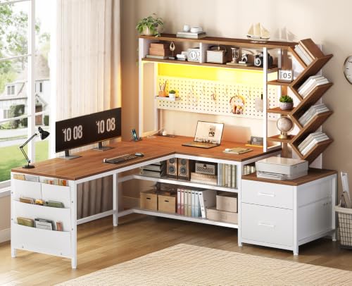 L Shaped Office Desk with Drawers and Hutch, view 2