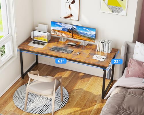 63 Inch Computer Desk for Home Office, Study Writing Table for Small Spaces, Simple Modern Desk with Headphone Hooks, Rustic Brown