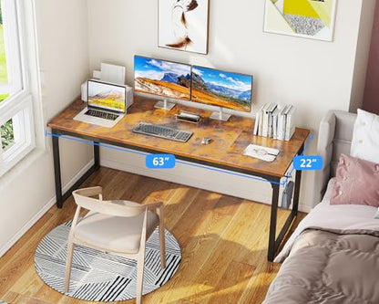 63 Inch Computer Desk for Home Office, Study Writing Table for Small Spaces, Simple Modern Desk with Headphone Hooks, Rustic Brown