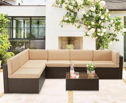 7 Piece Outdoor Patio Furniture Set, PE Rattan Wicker Sofa Set, Outdoor Sectional Furniture Chair Set with Cushions and Tea Table, Brown